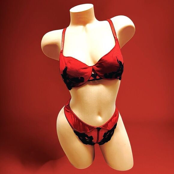 Vintage Y2K Felina bra and thong set in red mesh and black floral embroidery 34C - Picture 3 of 14